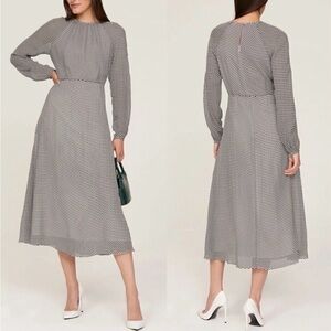 LK Bennett Addison Chiffon Navy and White Geometric Midi Dress, Size 14